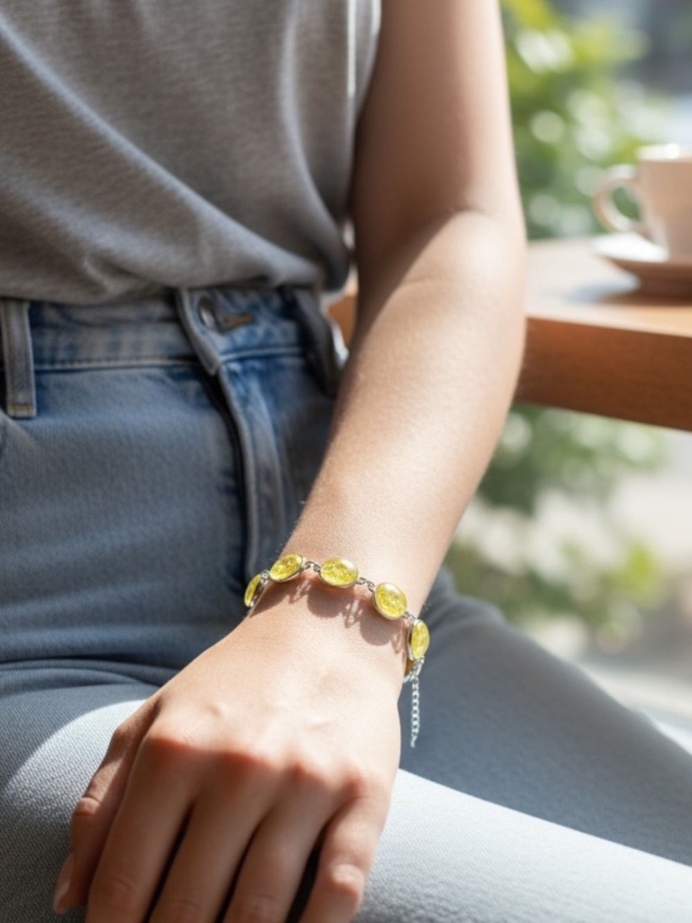 Yellow Glass Cabochon Bracelet - Women Jewelry